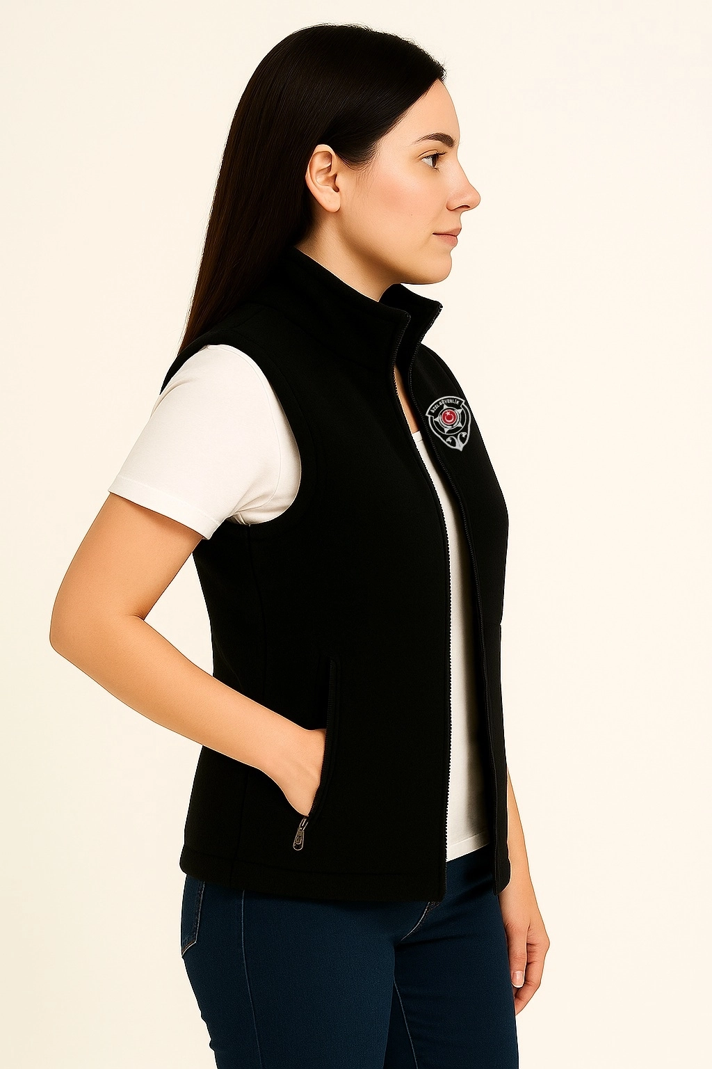 Arthur Nakış İşlemeli Kışlık Kadın 3 Cepli Düz Polar Özel Güvenlik Yeleği