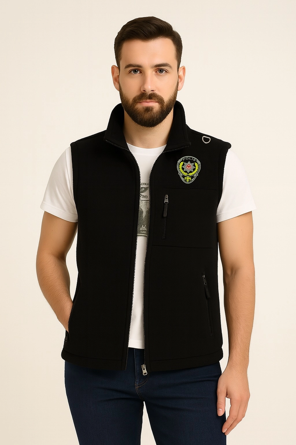 Arthur Kışlık Erkek Nakış İşlemeli 3 Cepli Düz Polar Polis Yeleği