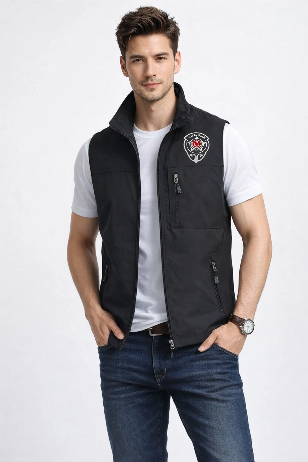 Nakış İşlemeli 3 Cepli Göğüsten Cepli Erkek Yazlık Özel Güvenlik Yeleği