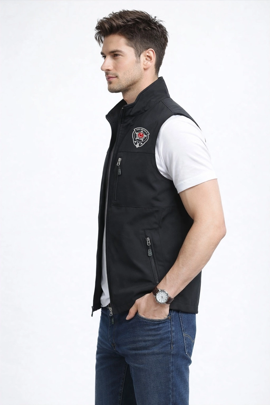 Nakış İşlemeli 3 Cepli Göğüsten Cepli Erkek Yazlık Özel Güvenlik Yeleği