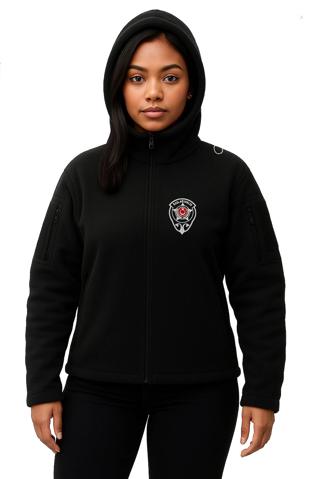 Özel Güvenlik Kadın Kapşonlu Göğüsten Logolu Nakış İşlemeli Polar