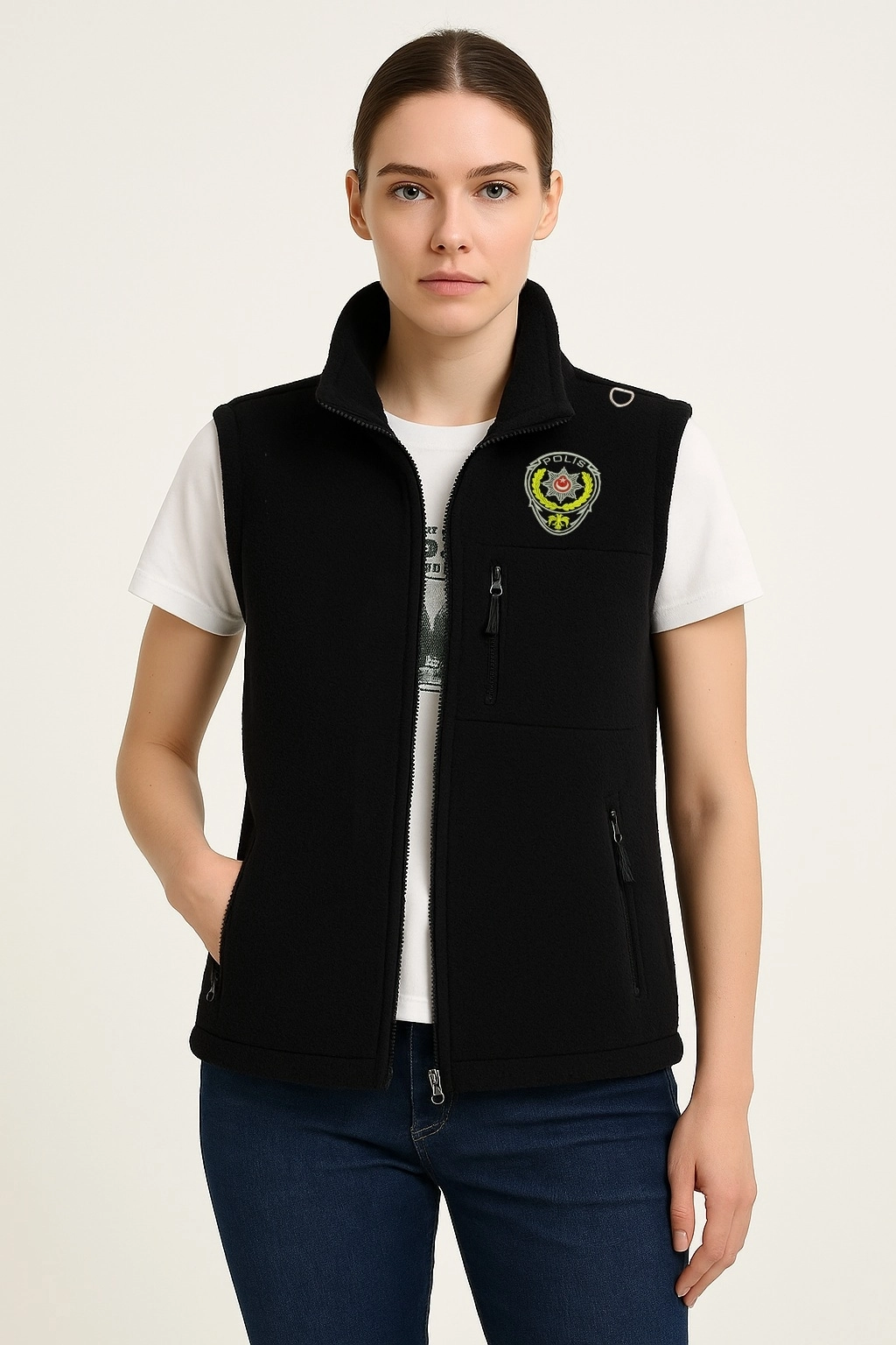 Arthur Kışlık Kadın Nakış İşlemeli 3 Cepli Düz Polar Polis Yeleği
