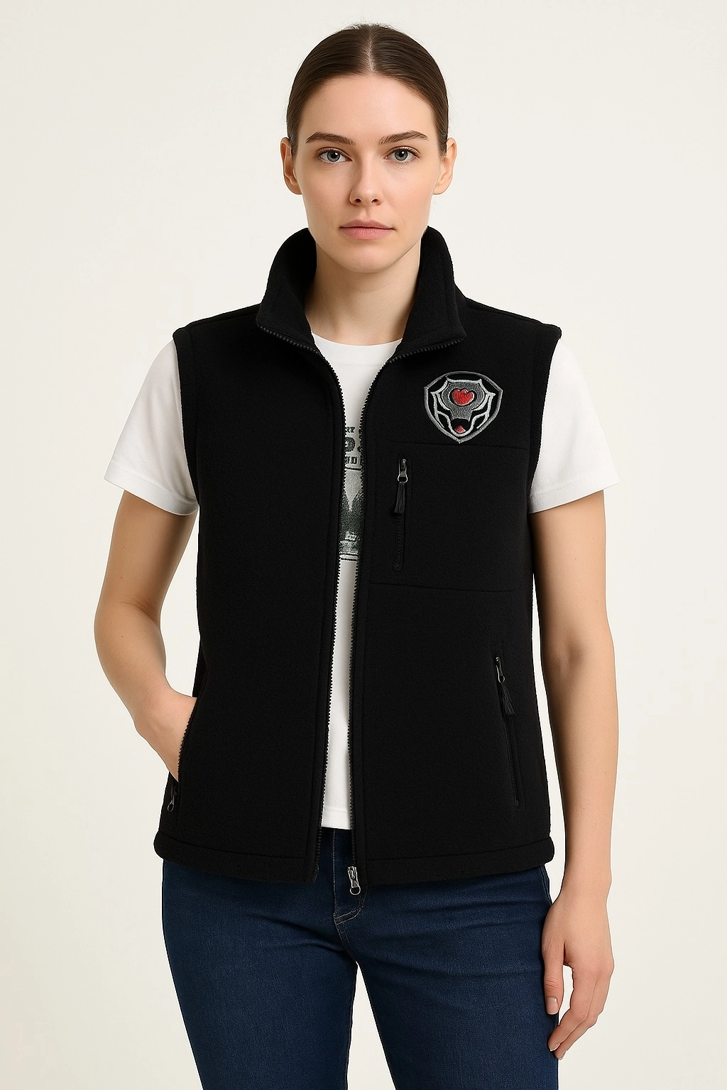 ARTHUR Kışlık Kadın Nakış İşlemeli 3 Cepli Düz Polar Özel Güvenlik Yeleği