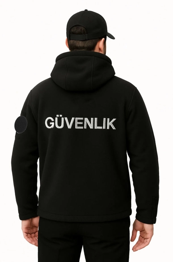 Özel Güvenlik Erkek Kapşonlu Göğüsten Logolu Nakış İşlemeli Polar