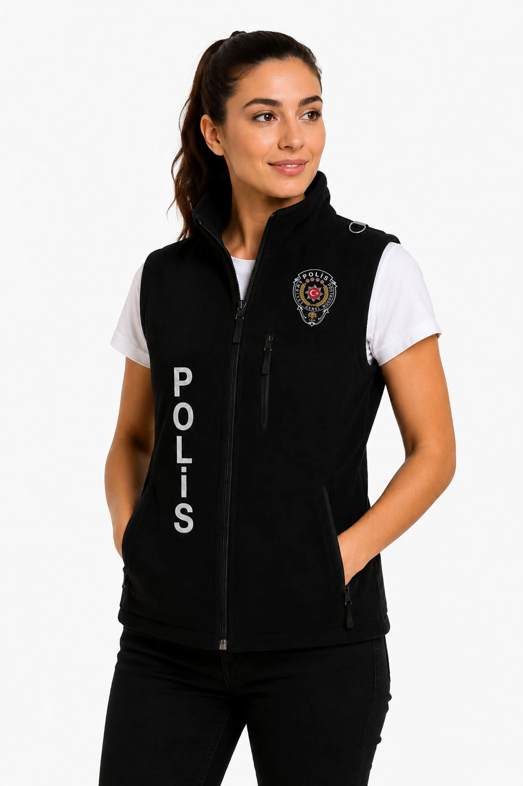 Kışlık Kadın Polar Polis Yeleği – Nakış İşlemeli, 3 Cepli, Önden Yazılı