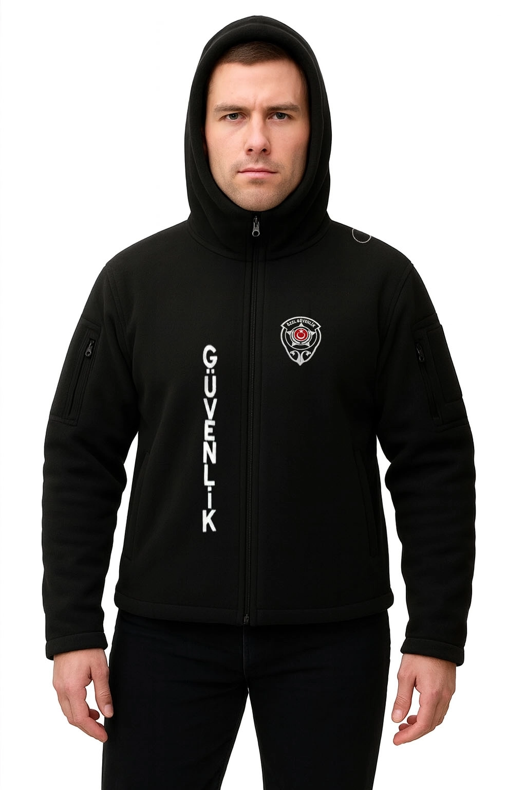 Nakış İşlemeli Önden Yazılı Erkek Kapşonlu Özel Güvenlik Polar