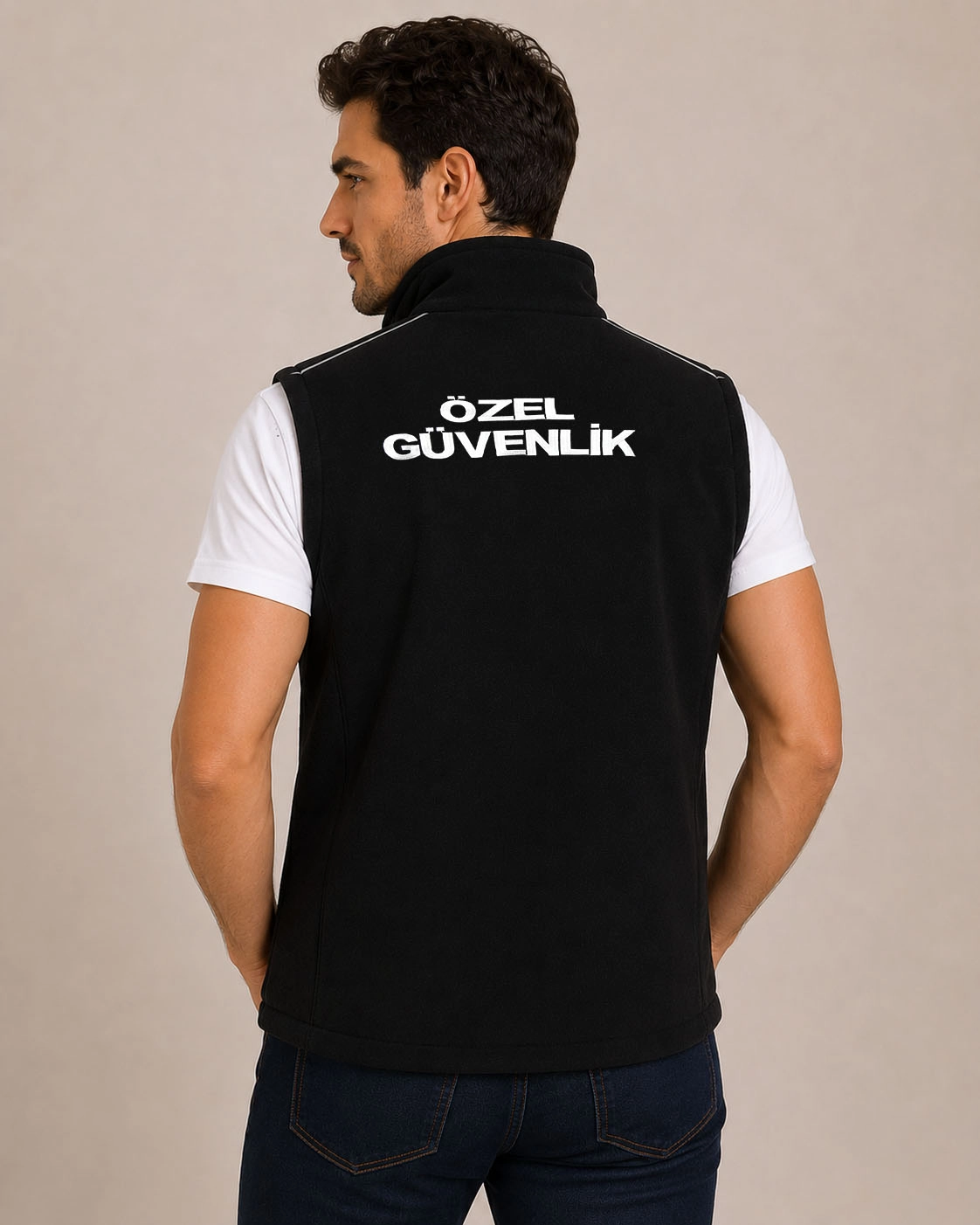 Kışlık Erkek Nakış İşlemeli Yazılı 3 Cepli Polar Özel Güvenlik Yeleği - Reflektör Çizgili