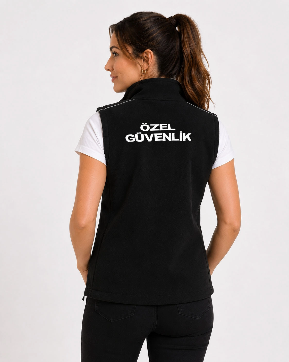 Kışlık Kadın Nakış İşlemeli Yazılı 3 Cepli Polar Özel Güvenlik Yeleği - Reflektör Çizgili