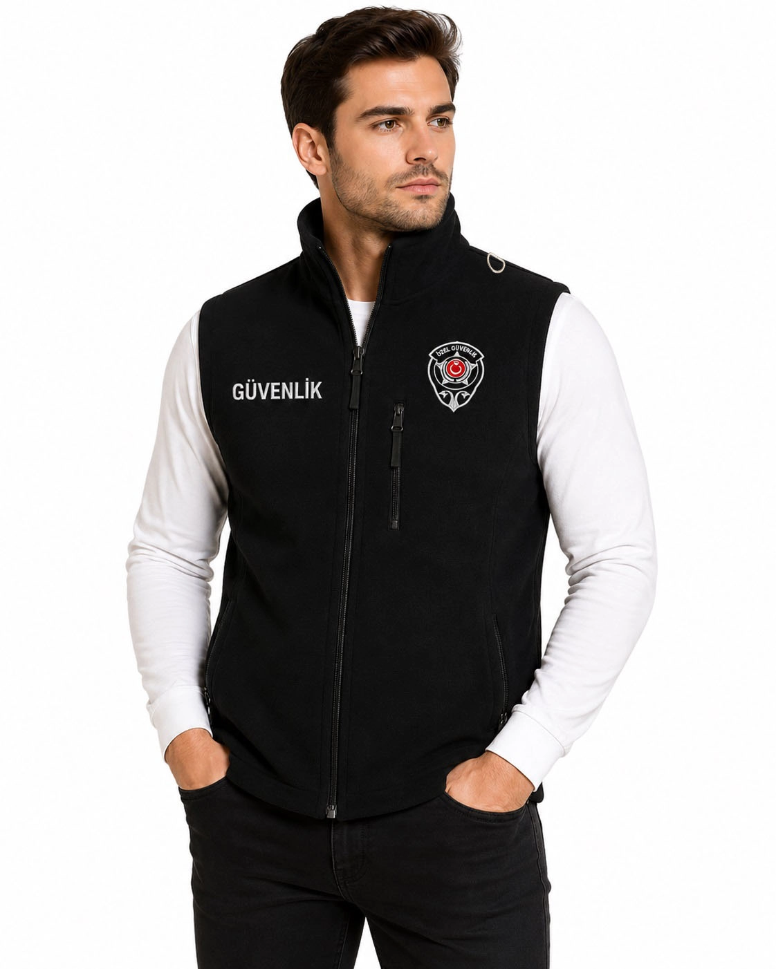 Kışlık Erkek Yazı Nakış İşlemeli 3 Cepli Polar Özel Güvenlik Yeleği