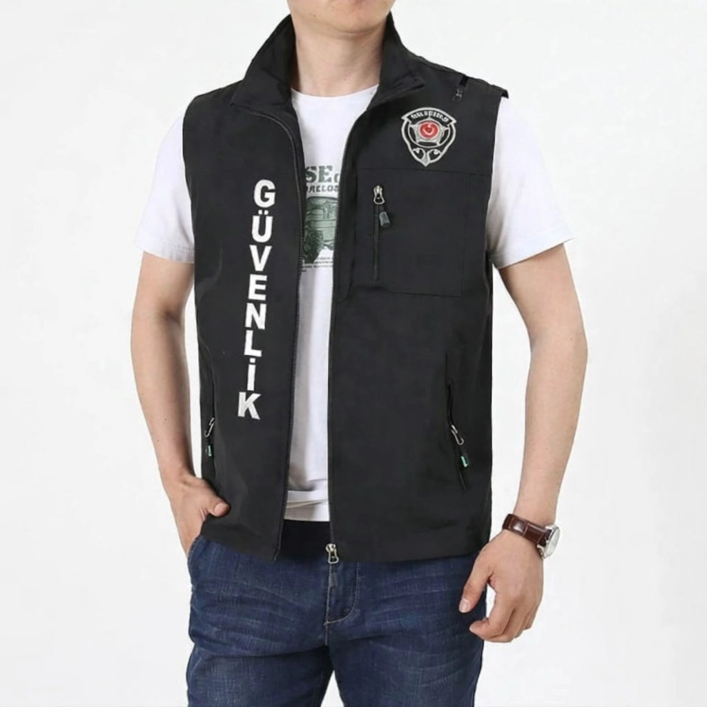 Nakış İşlemeli 3 Cepli Önden Yazılı Erkek Yazlık Özel Güvenlik Yeleği